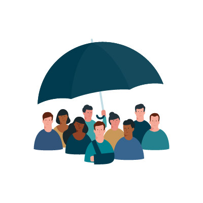 Egy csoport különböző ember áll az esernyő alatt